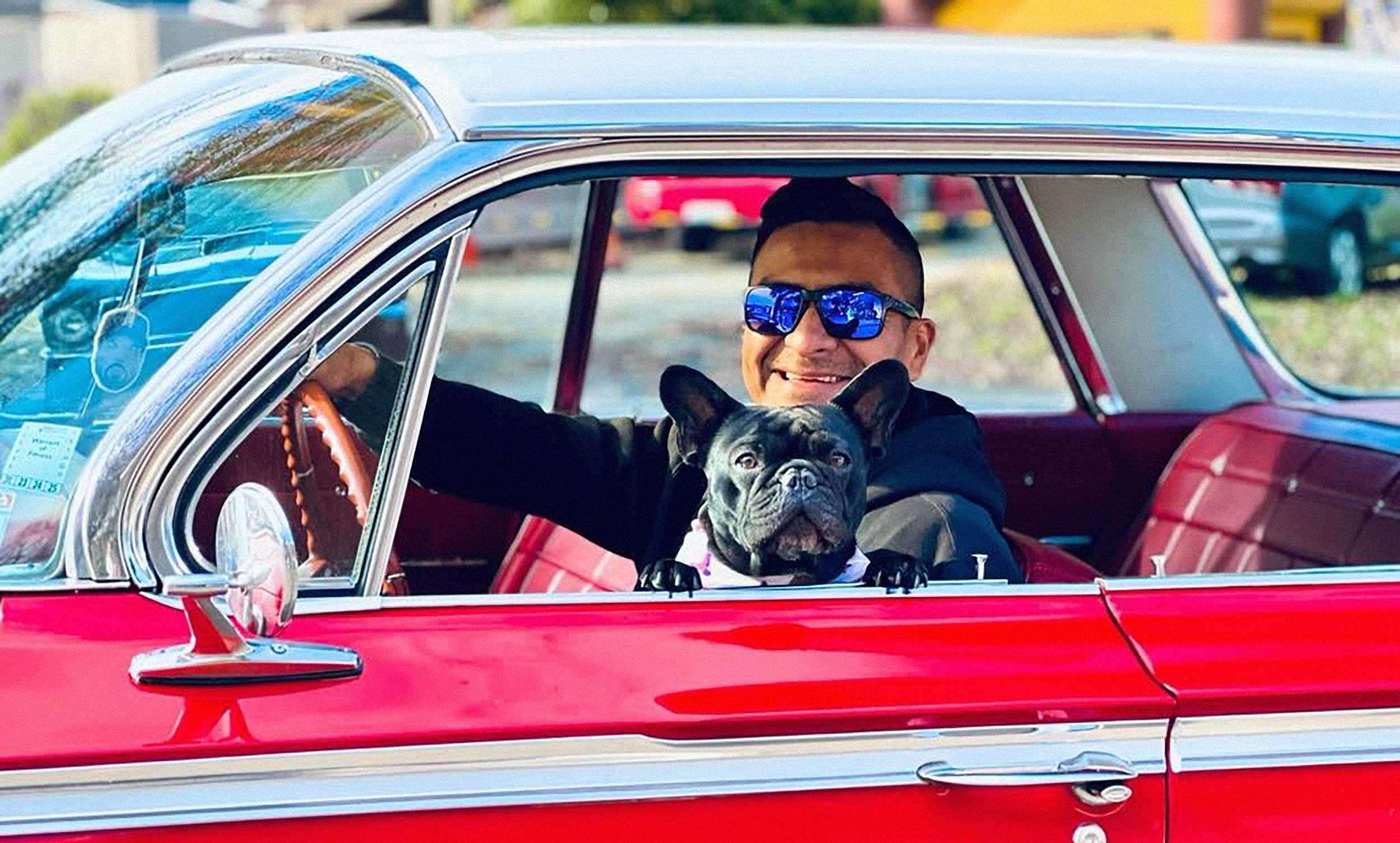 Claudio, owner of Auto Centre Johnsonville, with his French Bulldog in his 1962 Chevy Impala